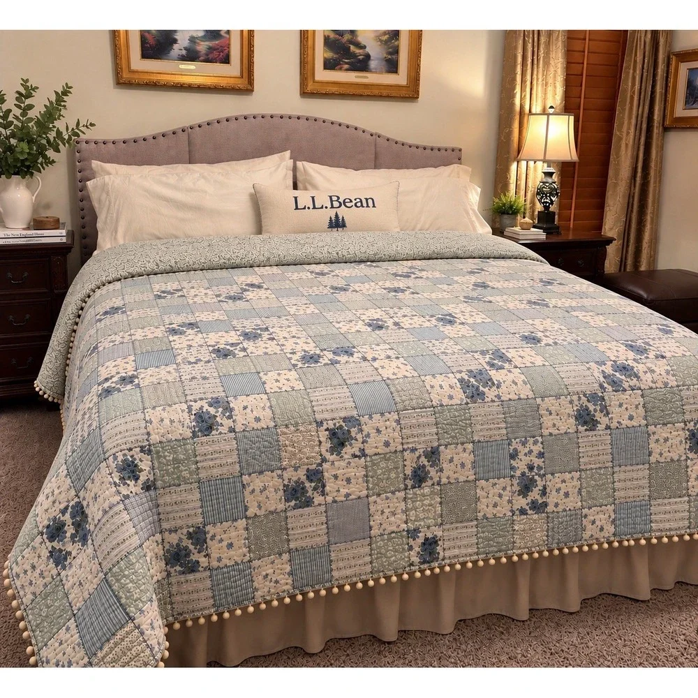 L.L.Bean King Patchwork Quilt 105x95 Blue Green Floral Cotton Pom Pom Trim